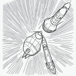 Simple black and white vector line art of a rocket ship launching into space, designed for children's printable coloring pages with bold outlines on a flat background.