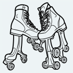 Black and white line art of roller skates, cartoon style, ideal for coloring book activities with simple outlines on a white background.