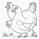 Simple black and white vector line art of a rooster crowing at sunrise, featuring bold clean outlines on a flat white background, perfect for a children's coloring page.