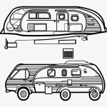 RV camper cartoon in simple black and white line art, featuring clean outlines and blank fill areas, ideal for coloring book enthusiasts.
