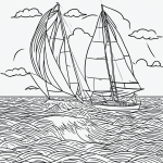 Line art of a sailboat on waves in simple outlines, black and white, designed for a coloring book with clean, uncolored areas and no shading.