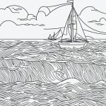 A pure black and white line art of a sailboat on waves, designed for coloring books with clean outlines and no shading, set against a white background.