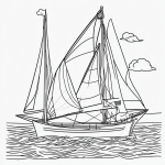 Black and white line art of a sailboat with flag, featuring clean outlines and blank fill areas, perfect for coloring book enthusiasts seeking creative expression.