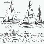 Simple black and white vector line art of a sailboat race with small waves, bold outlines, and minimal composition, perfect for a children's printable coloring page.