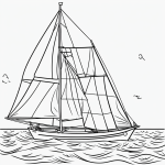 A simple black and white line art of a sailing boat with clean outlines, perfect for coloring books, featuring uncolored, outline-only design on a white background.
