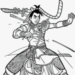 Illustration of a samurai in simple black and white line art style, perfect for coloring with clean outlines and blank fill areas on a white background.