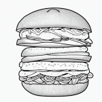 A whimsical sandwich cartoon in simple black and white line art, perfect for coloring enthusiasts seeking clean outlines and uncolored fill areas.