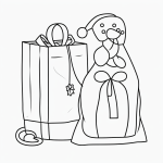 Simple black and white vector line art of Santa Claus with a gift bag, featuring bold, clean outlines on a flat white background, ideal for coloring pages.