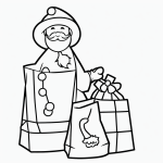 Simple black and white vector line art of Santa Claus with a gift bag, featuring bold clean outlines and minimal composition, perfect for children's coloring pages.