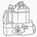 Simple black and white vector line art of Santa Claus with a gift bag, featuring bold clean outlines and a flat white background for children's coloring fun.
