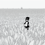 A simple black and white vector line art depicting a field of crops with a scarecrow, ideal for a children's printable coloring page, featuring bold outlines.