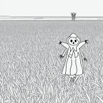 Simple black and white vector line art of a scarecrow standing in a cornfield, bold outlines, designed for children's printable coloring page.