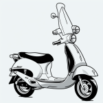 Black and white scooter line art with simple outlines and blank fill areas, perfect for coloring book enthusiasts seeking creative fun.