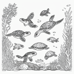 Black and white illustration of a sea turtle swimming with coral, featuring bold lines perfect for coloring enthusiasts.