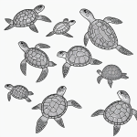 Black and white line art of sea turtles swimming, featuring clean and simple outlines, ideal for coloring and creative projects.