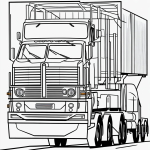 Black and white line art of a semi truck with trailer, featuring clean outlines and uncolored areas, ideal for coloring book enthusiasts.