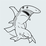 Black and white shark cartoon in a coloring book style with clean, simple outlines and blank fill areas, ideal for creative coloring.