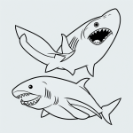 Black and white shark cartoon line art with simple outlines, perfect for coloring books, featuring uncolored areas and a white background.