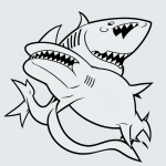 Black and white line art of a cartoon shark, ideal for coloring books, featuring simple outlines and blank fill areas on a white background.
