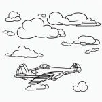 Simple black and white vector line art of an airplane flying through clouds, designed for children's printable coloring pages with bold outlines.