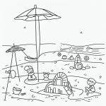Simple black and white vector line art of a sunny beach with a sandcastle and umbrella, ideal for children's printable coloring pages.