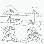 Black and white vector line art of a sunny beach scene featuring a sandcastle and umbrella, ideal for kids' coloring pages with bold outlines on a flat white background.