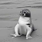 Simple black and white vector line art of a baby seal lying on a shore, featuring bold clean outlines, perfect for a children's printable coloring page.
