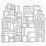 Simple black and white vector line art of building blocks stacked high with bold clean outlines, perfect for children's printable coloring pages.