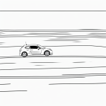 Simple black and white vector line art of a small car driving on a road, featuring bold clean outlines and minimal composition, ideal for children's coloring pages.