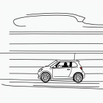 A simple black and white vector line art of a small car driving along a road, featuring bold clean outlines, ideal for children's printable coloring pages.