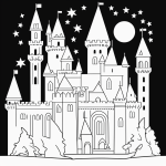 Black and white vector line art of a castle with tall towers and flags, featuring bold clean outlines and a flat white background, ideal for children's coloring pages.