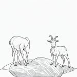 Simple black and white vector line art of a goat standing on a rock with bold clean outlines, minimal composition, and flat white background, ideal for coloring.