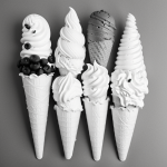 Simple black and white vector line art of an ice cream cone with three scoops, featuring bold outlines and a flat white background, perfect for children's coloring pages.