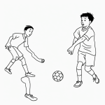 A simple black and white vector line art of kids playing soccer with a ball, featuring bold clean outlines, perfect for a children's printable coloring page.