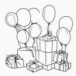 Simple black and white vector line art of wrapped gifts and balloons with bold, clean outlines for children's printable coloring pages.