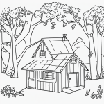 Black and white line art of a cozy forest cottage with trees and flowers, designed for children's coloring books with bold outlines and minimal composition.
