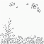 A minimalist black and white line art of a spring meadow with flowers and butterflies, featuring bold outlines on a flat white background, ideal for coloring pages.