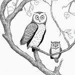 Simple black and white vector line art of a wise owl sitting on a tree branch, featuring bold clean outlines and a flat white background, ideal for coloring pages.