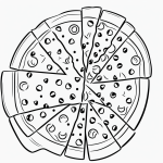 A simple black and white vector line art of a pizza slice with cheese and toppings, designed as a children's printable coloring page with bold outlines.