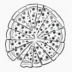 Black and white vector line art of a pizza slice with cheese and toppings, featuring bold outlines and a flat white background, ideal for coloring pages.