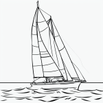 Simple black and white vector line art of a sailboat on gentle ocean waves with bold outlines, perfect for a children's printable coloring page.