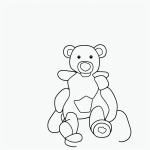 A simple black and white vector line art of a toy teddy bear sitting on a flat white background, perfect for children's printable coloring pages.