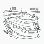 Simple black and white vector line art of a toy train on tracks, featuring bold outlines and no fill, designed as a children's printable coloring page.