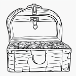 Simple black and white vector line art of a treasure chest filled with coins and jewels, featuring bold clean outlines on a flat white background, ideal for coloring.