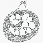 A simple black and white vector line art depicting birds in a nest with eggs, featuring bold clean outlines on a flat white background, ideal for children's coloring.