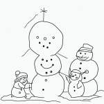 Simple black and white vector line art of children building a snowman, featuring bold, clean outlines on a flat white background, perfect for printable coloring pages.