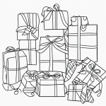 Simple black and white vector line art of wrapped presents with ribbons, featuring bold, clean outlines on a flat white background for kids' coloring fun.
