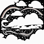 Simple black and white vector line art of a rainbow with clouds and hearts, featuring bold outlines and a minimalist design for children's coloring pages.