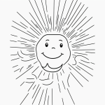 Simple black and white vector line art of a bright sun with rays and a smiling face, featuring bold outlines and a minimal composition for children's coloring.