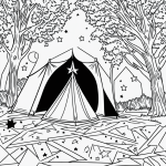 Simple black and white vector line art of a tent in the woods with moon and stars, perfect for a children's coloring page.